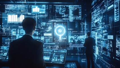 Data analysts in futuristic control room