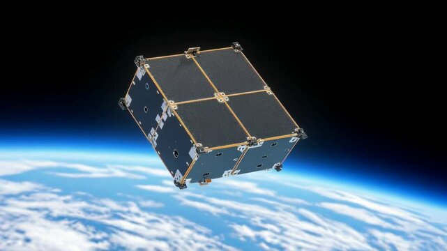 Cube Satellite In Orbit Around Earth