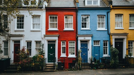 Naklejka premium Colorful terraced houses line a quiet city street