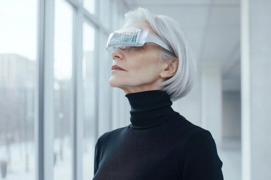 An elderly woman with short gray hair wearing a futuristic AR headset, gazing thoughtfully.
