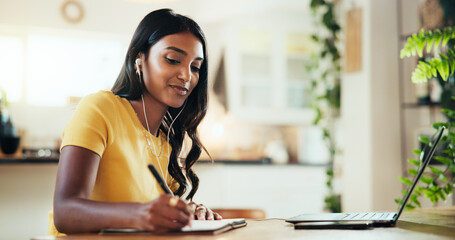 Laptop, woman and writing notes for elearning, webinar course or remote education in home....