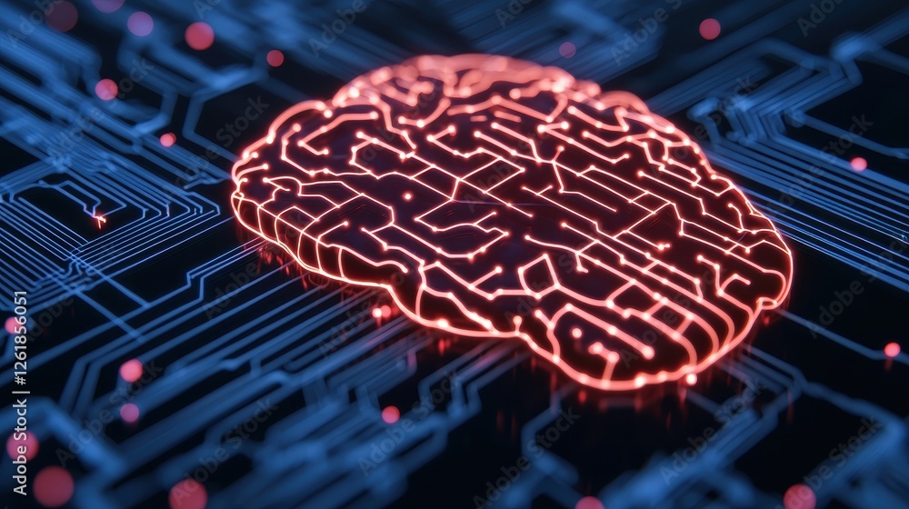 Poster a glowing brain design over a circuit board, symbolizing the intersection of technology and artifici