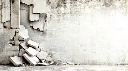 Broken Concrete Wall Crumbling Dramatic Grey Texture. AI Generated