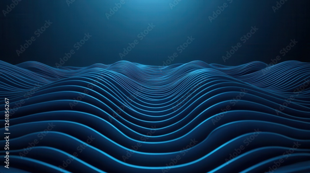 Poster a serene, abstract depiction of wavy blue lines resembling ocean waves, illuminated by soft light, c