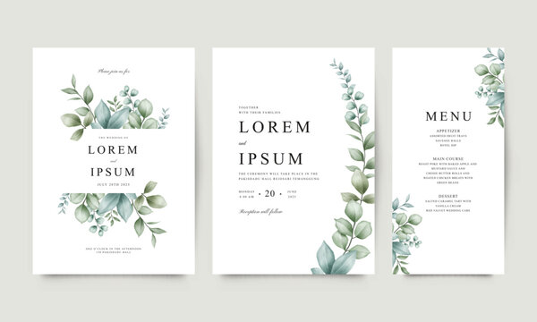 Wedding invitation template set arranged with beautiful green leaves