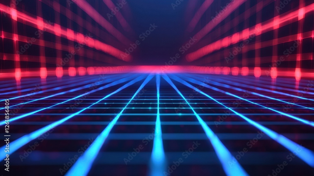 Poster a vibrant, futuristic grid pattern with red and blue neon lights converging towards a dark backgroun