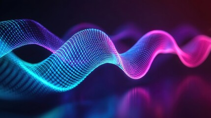 Fototapeta premium A vibrant, abstract visualization of sound waves, featuring flowing lines in blue and pink against a dark background, suggesting rhythm and energy.