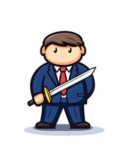 Cartoon character in suit holding sword. Symbol for power or tough negotiating. Generative AI