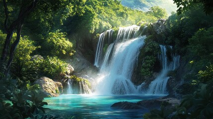 Fototapeta premium Lush jungle waterfall cascades into turquoise pool; sunlit background, travel brochure