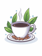 Coffee cup on saucer with leaves. Aromatic steam. For blog and social media. Generative AI