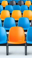 Naklejka premium Colorful empty stadium seats, audience waiting, concept of events or presentation. Generative AI