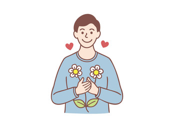 A kind and happy young man is praying and smiling. Hand drawn style vector design illustrations.