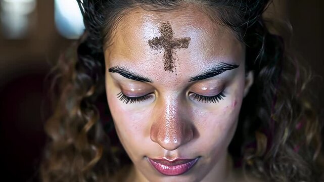 Young woman with an ashen cross on her forehead in temple. Ash wednesday