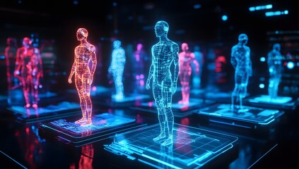 Digital human figures interacting on holographic interface