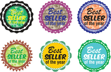 Best seller of the year badges set in multiple style. Ideal for sale offer posts on social, electronic and print media. Grunge Round Signs. Editable for color and size, EPS 10.