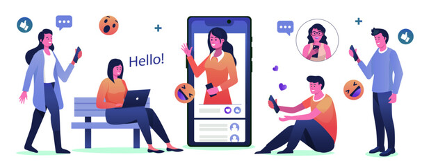 Social media group cover vector illustration. illustration of communication via the Internet, social networking, chat, video, news, messages, web site, mobile web graphics.