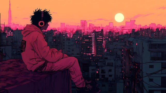 An anime-style rooftop night scene, a chill teenager sitting on the edge, headphones on, watching the neon-lit city below, cyberpunk meets lofi vibes 