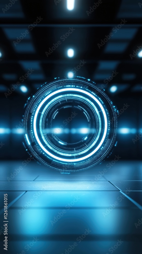 Poster a glowing blue circular structure in a futuristic, dark environment, featuring illuminated lines and