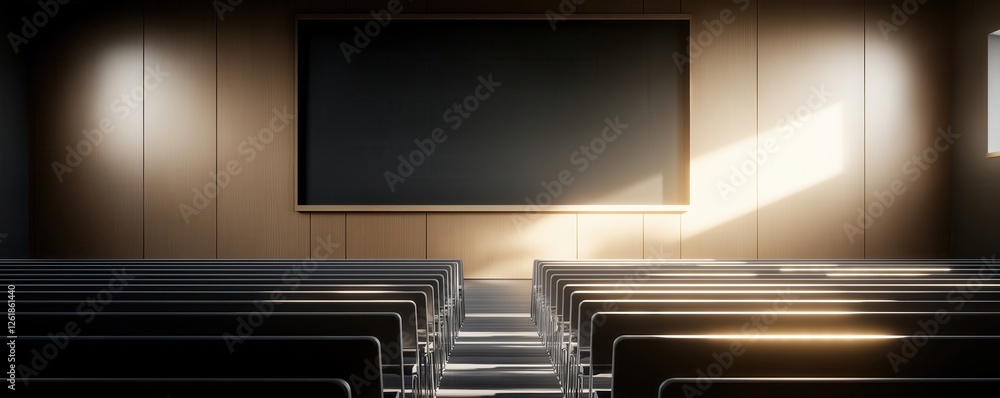 Poster a modern classroom with empty seating and a large screen, illuminated by natural light, creating a c