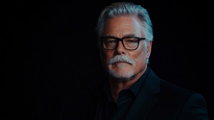 Fototapeta premium Serious Portrait Of A Mature Man With Graying Hair And Eyeglasses In Formal Suit