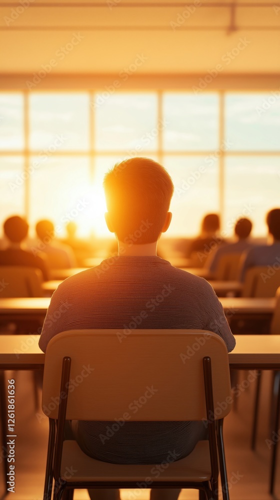 Poster a student sits in a classroom, gazing at a sunset through large windows, surrounded by classmates, c