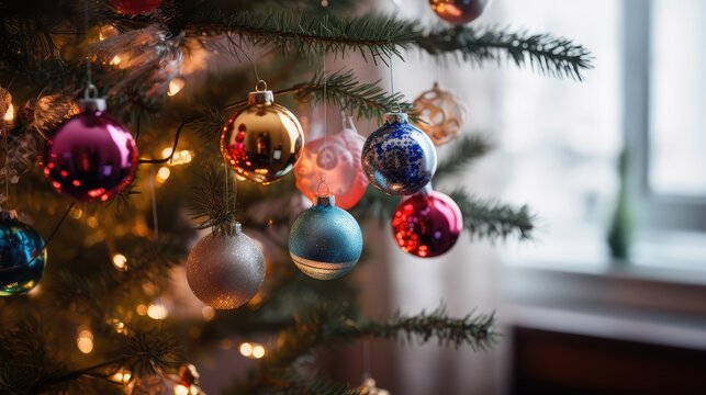 festive ornaments on tree