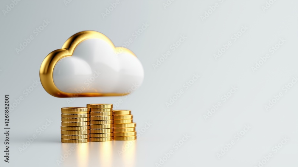 Poster a golden cloud floats above a stack of coins, symbolizing cloud computing and digital wealth.