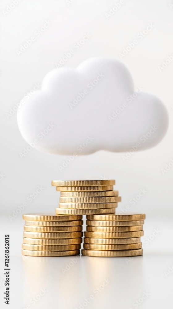 Poster a cloud floats above a stack of gold coins, symbolizing the connection between finance and technolog