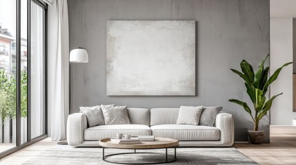 Serene Modern Living Space with Natural Elements and Abstract Art