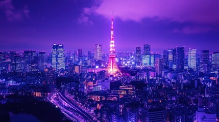 Tokyo City by Night, Anime and Manga drawing illustration, city views, magenta, purple, neon.