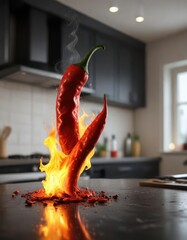 Fiery chili pepper spitting flames in a kitchen, kitchen utensil, red pepper, ingredient