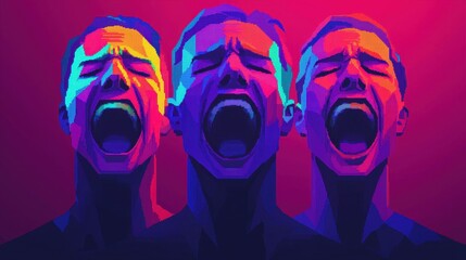 A vibrant, digital artwork depicting three figures in intense expressions of screaming, showcasing bold colors and a surreal style.