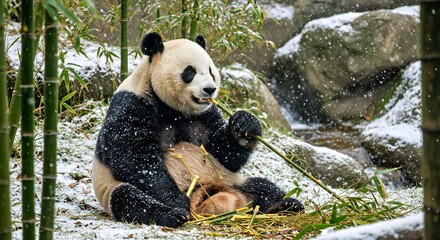Naklejka premium a giant panda sitting in a dense bamboo forest, peacefully chewing on fresh bamboo stalks as light snowflakes fall around it