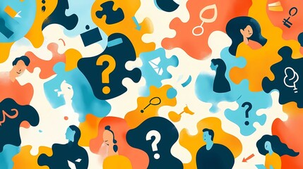 International Ask the Questions Day flat design background showcasing abstract elements like question marks, puzzle pieces, and diverse people thinking or discussing