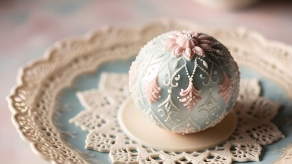 Fototapeta premium A intricately decorated, ornate ball-shaped sweet treat, likely made of sugar or chocolate, glistens with a soft sheen, resting on a delicate lace doily or ornate ceramic plate, with a warm, inviting 
