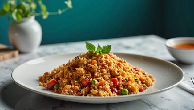 Elegant jollof rice presentation in teal dining room, culinary art