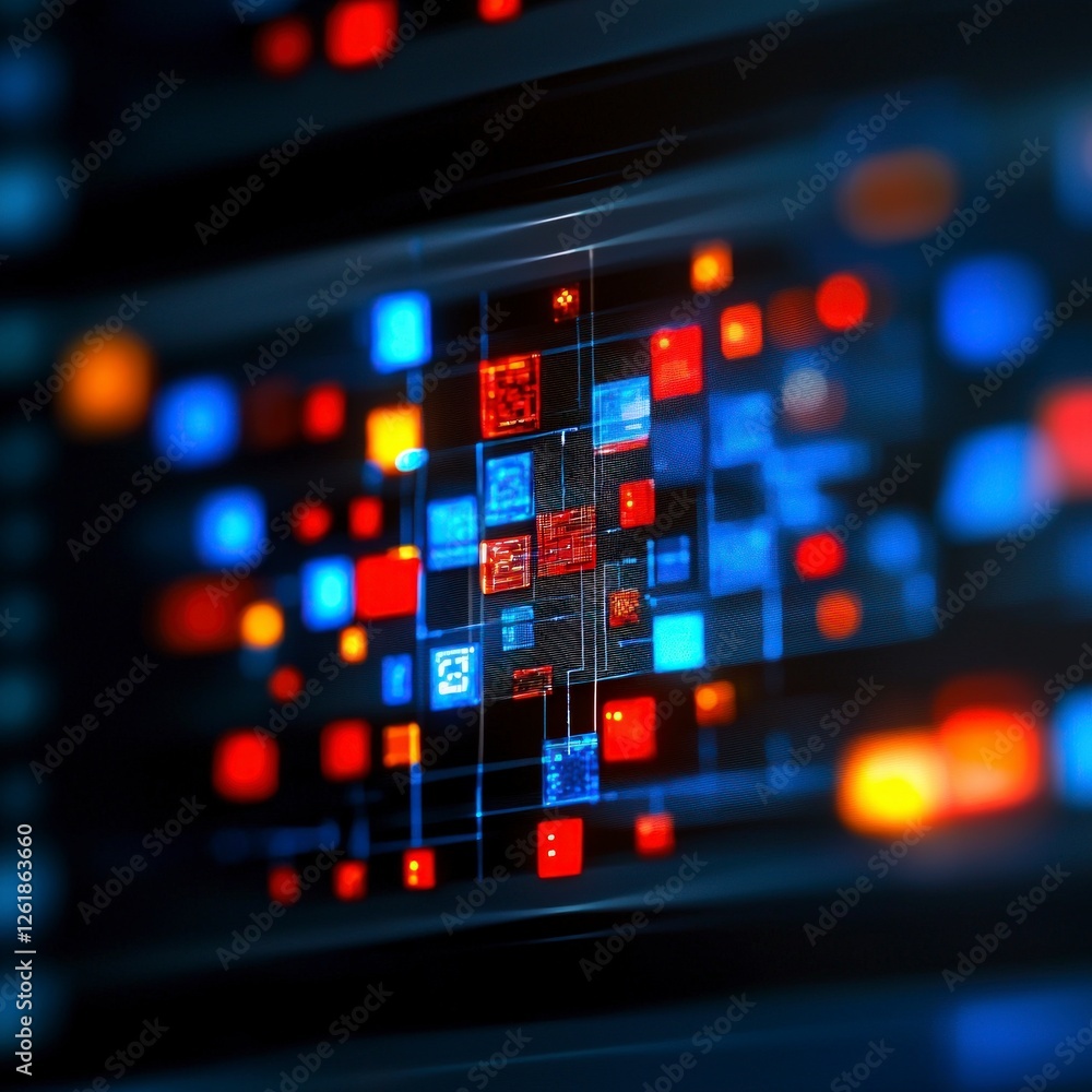 Poster abstract digital data network interface with bright red blue orange squares