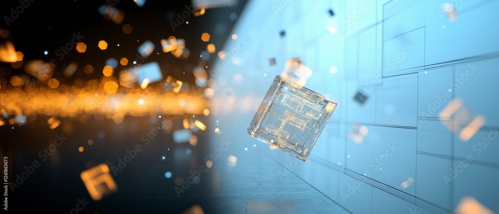 Aufkleber abstract digital data cube with glowing particles and bright light effects