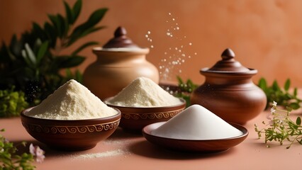 A vibrant still life of gram flour and sugar, arranged artfully in ornate wooden or ceramic containers, set against a warm, earthy background, with a shallow depth of field, drawing attention to the t