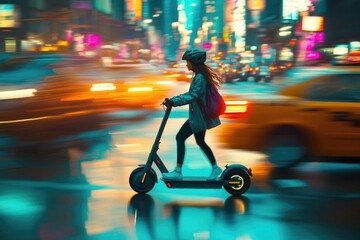 Woman riding an electric scooter through a vibrant, blurred city at night.