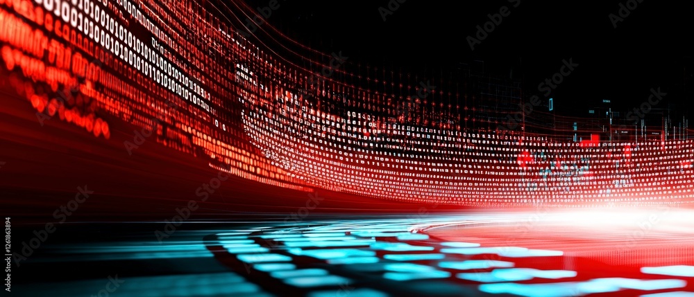 Poster abstract digital data stream with red and blue glowing lines on dark background
