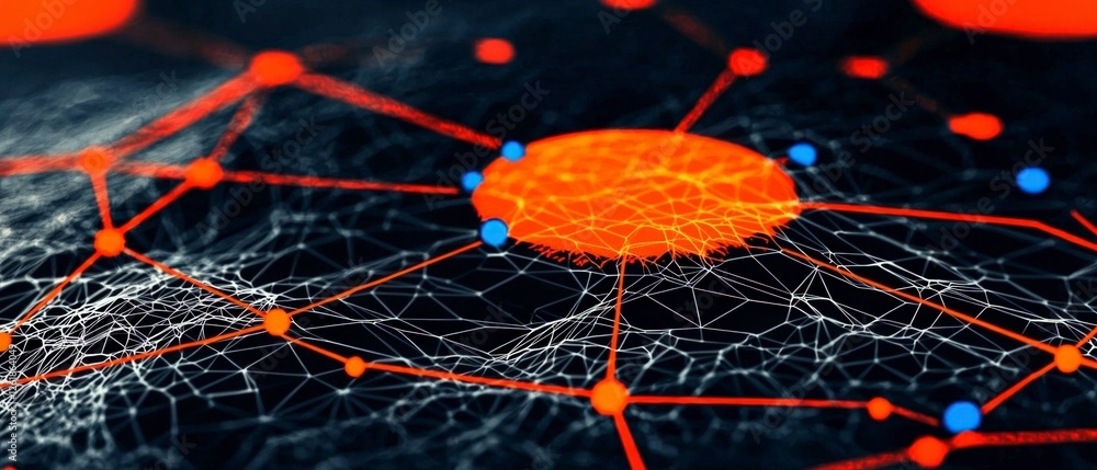 Poster abstract digital network connections: glowing orange and red nodes on dark background