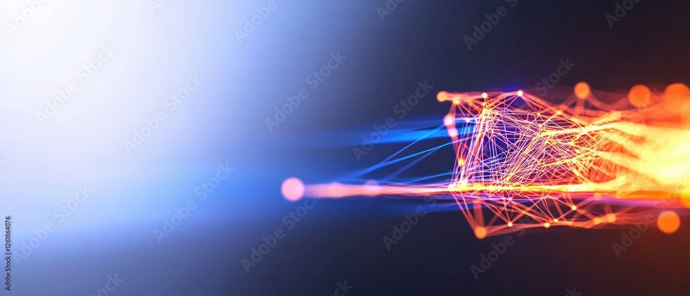 Poster abstract digital network data flow: glowing orange and blue lines and points on dark background