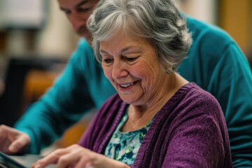 Elderly woman smiles while using a tablet with assistance from a younger person.