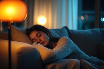 Fototapeta premium Young woman peacefully sleeping on a couch at night, illuminated by warm lamplight.