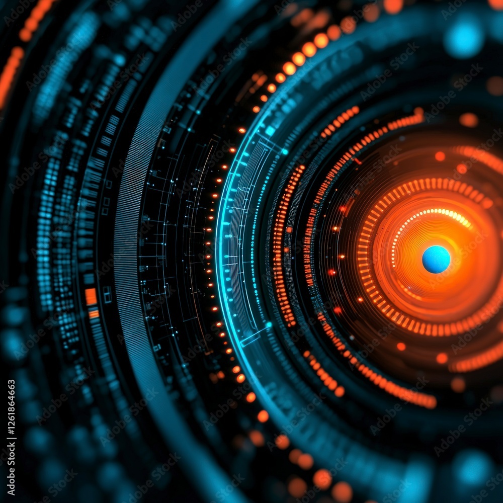 Poster abstract futuristic technology background with orange and blue circular data interface