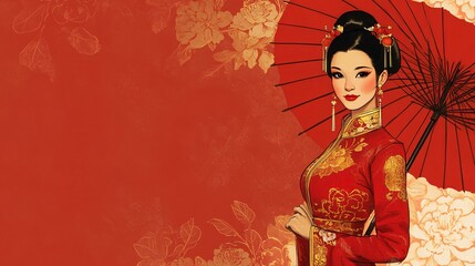 Fototapeta premium A cartoon woman in a Manchu-style qipao, elegantly holding a traditional umbrella.