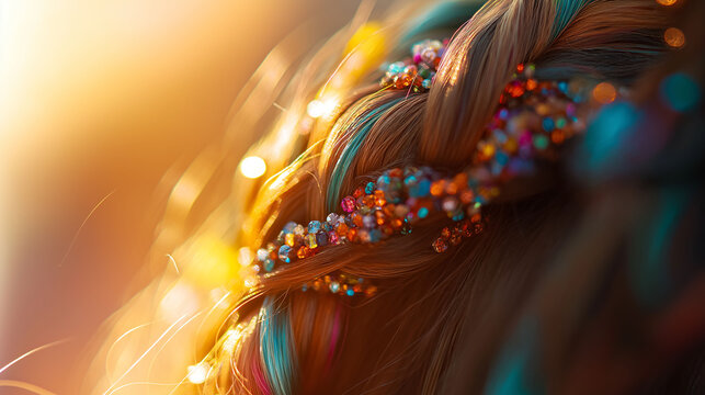Close-up of a braided ponytail with small colorful beads added for texture, sunlight filtering through the strands to reveal intricate details, vibrant and playful