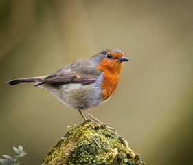 European Robin on Mossy Rock
