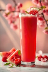 Refreshing watermelon-raspberry drink, perfect for summer, presented against a blossoming background.